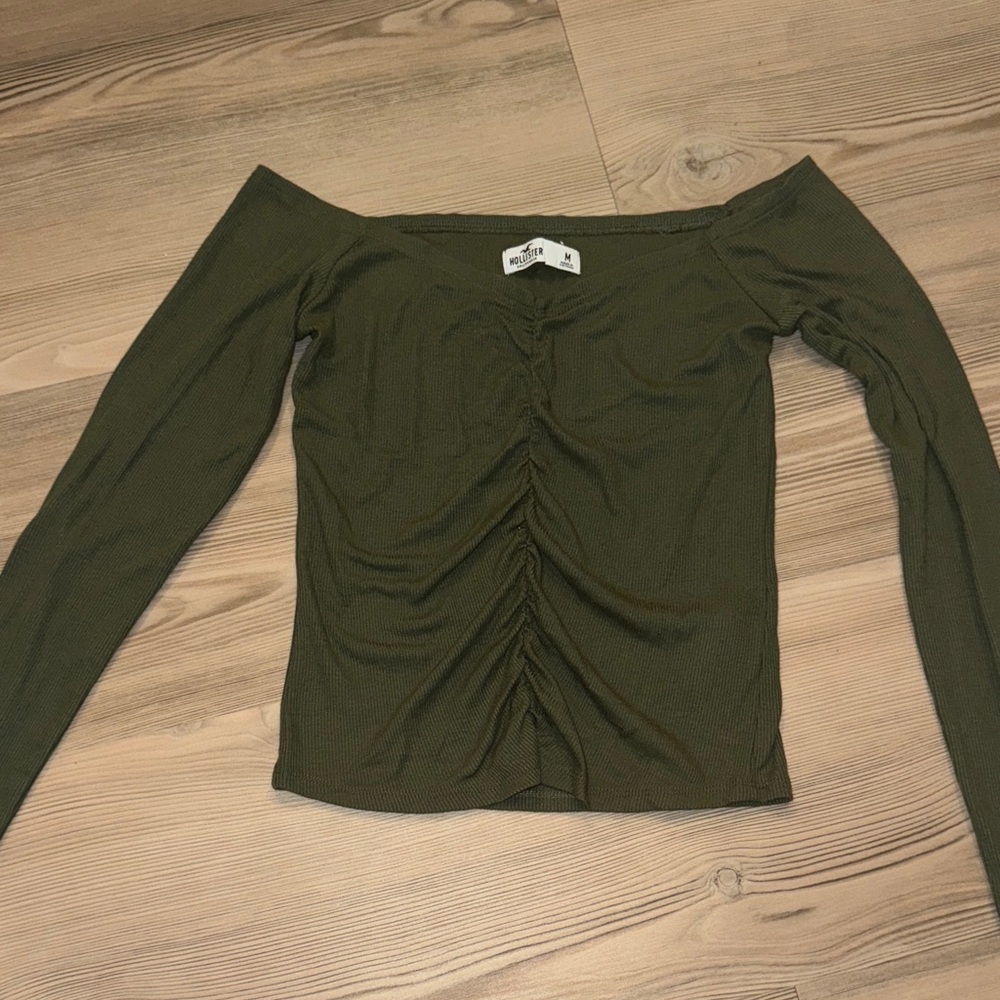 Hollister Dark Green Off-Shoulder Long Sleeve Top